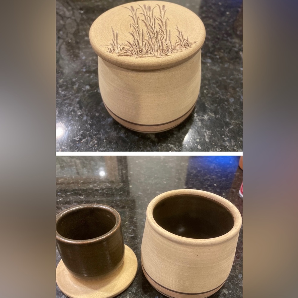 Studio pottery butter keeper “W & K” with wheat grass etching on the top
